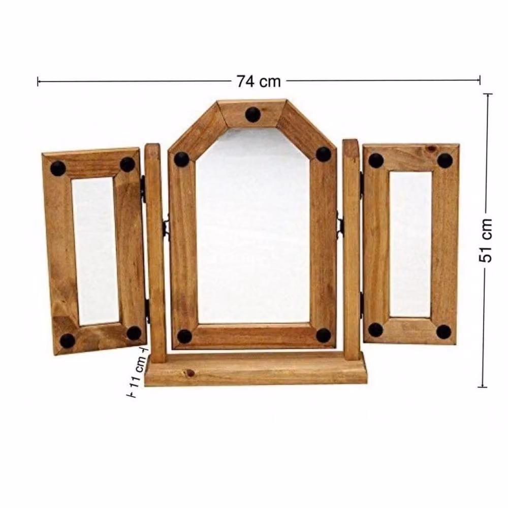 FORGEVIO Mexican Solid Wood Triple Mirror Dressing Table in Natural Brown – 2