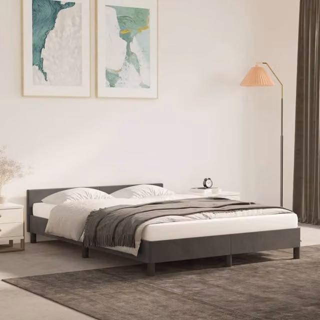 Berkfield Home Upholstered Velvet Bed Frame with Headboard in Dark Grey, W: 135 cm, L: 190 cm – 1