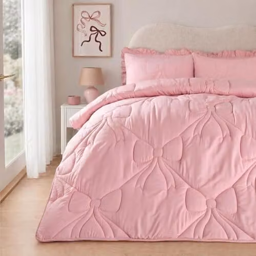 OHS Double Coverless Duvet and Pillowcase Set, 7.5 Tog Pink Microfibre Lattice Bow Quilted Bedding, W/D/H: 200 x 200 x 0 cm
