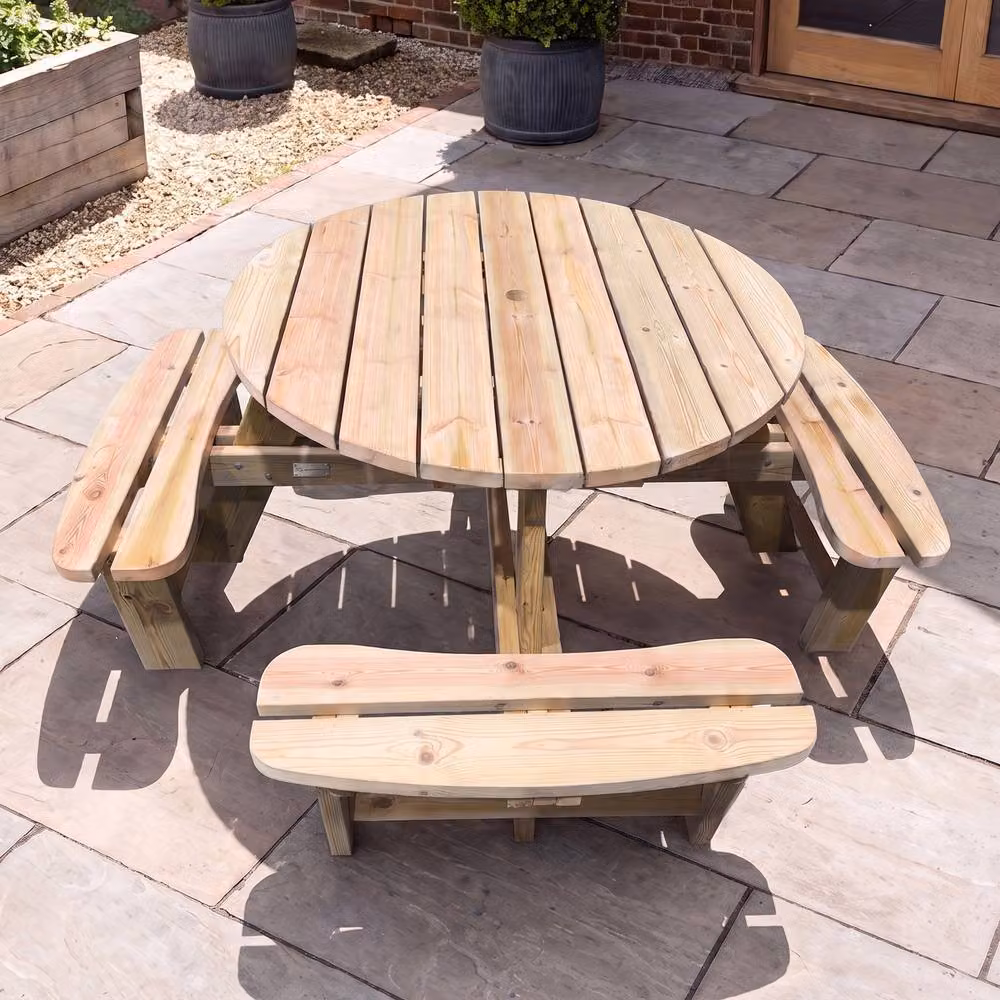 Primrose Eight Seater Round Wooden Garden Picnic Table and Bench in Brown, Diameter: 115 cm – 3