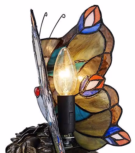 Happy Homewares Multi-Coloured Glass Butterfly Tiffany Table Lamp with Bronze Resin Base, H 40 cm x W 23 cm x D 12 cm – 3