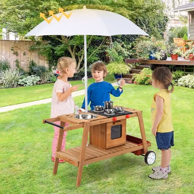 Costway Brown Wooden Outdoor Cooking Cart with Canopy and Push Handle