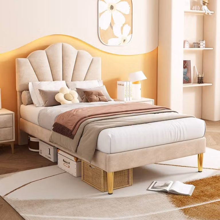 Rolipo Beige Velvet Single Bed with Shell Headboard and Gold Legs, W/D/H: 90 x 190 cm