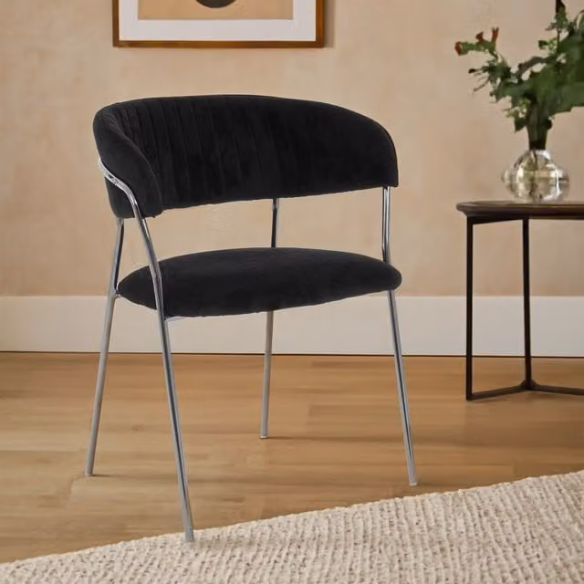 Orsina Tamzin Black Velvet Channel Tufted Dining Chair with Armrests and Silver Metal Legs – 1