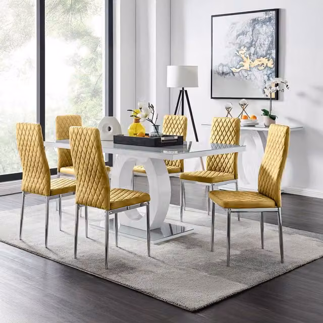 FurnitureboxUK Giovani Grey Rectangular Glass Dining Table with 6 Mustard Velvet Milan Chairs