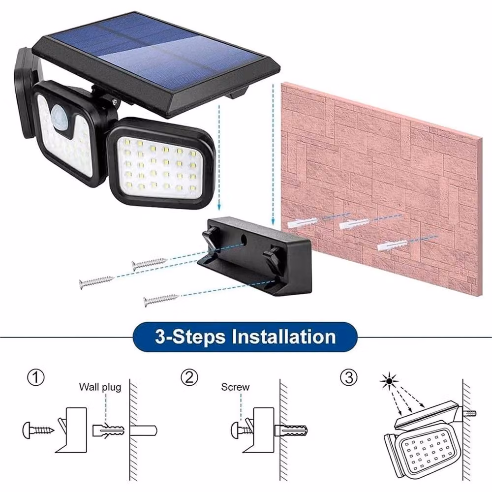 Kelvenix 3-Head Solar Powered LED Motion Sensor Wall Floodlight in Black – 6