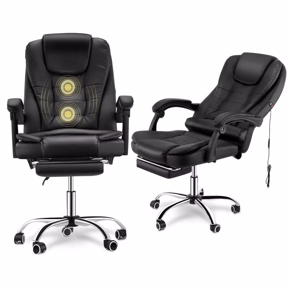 SPETLEK Black Leather Massage Gaming and Office Swivel Recliner Chair with Footrest and Headrest – 3