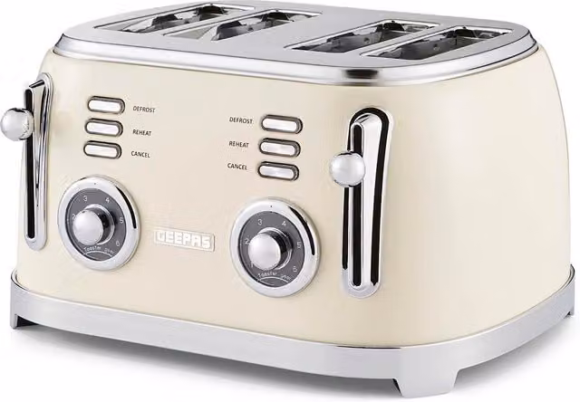 Geepas Retrovive 4-Slice Toaster 1500W with 6 Browning Levels, Defrost, Reheat and Cancel functions in Beige – 1