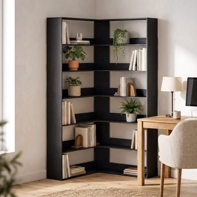 HOMCOM 7-Tier L-Shaped Corner Bookshelf in Black Wood Effect