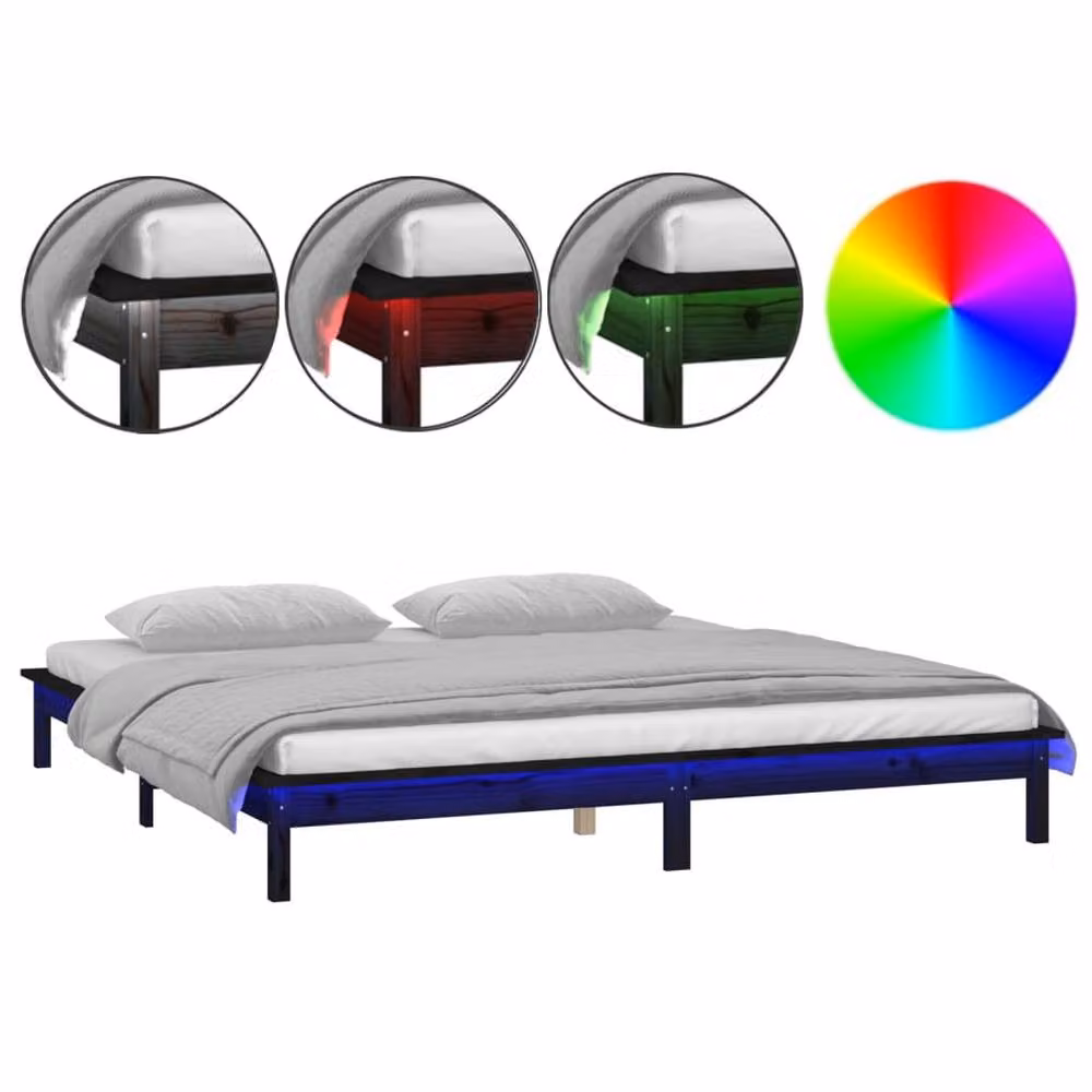 Berkfield Home LED Small Double Bed Frame in Black Solid Pine Wood, W/D/H: 120 x 190 x 26 cm – 3