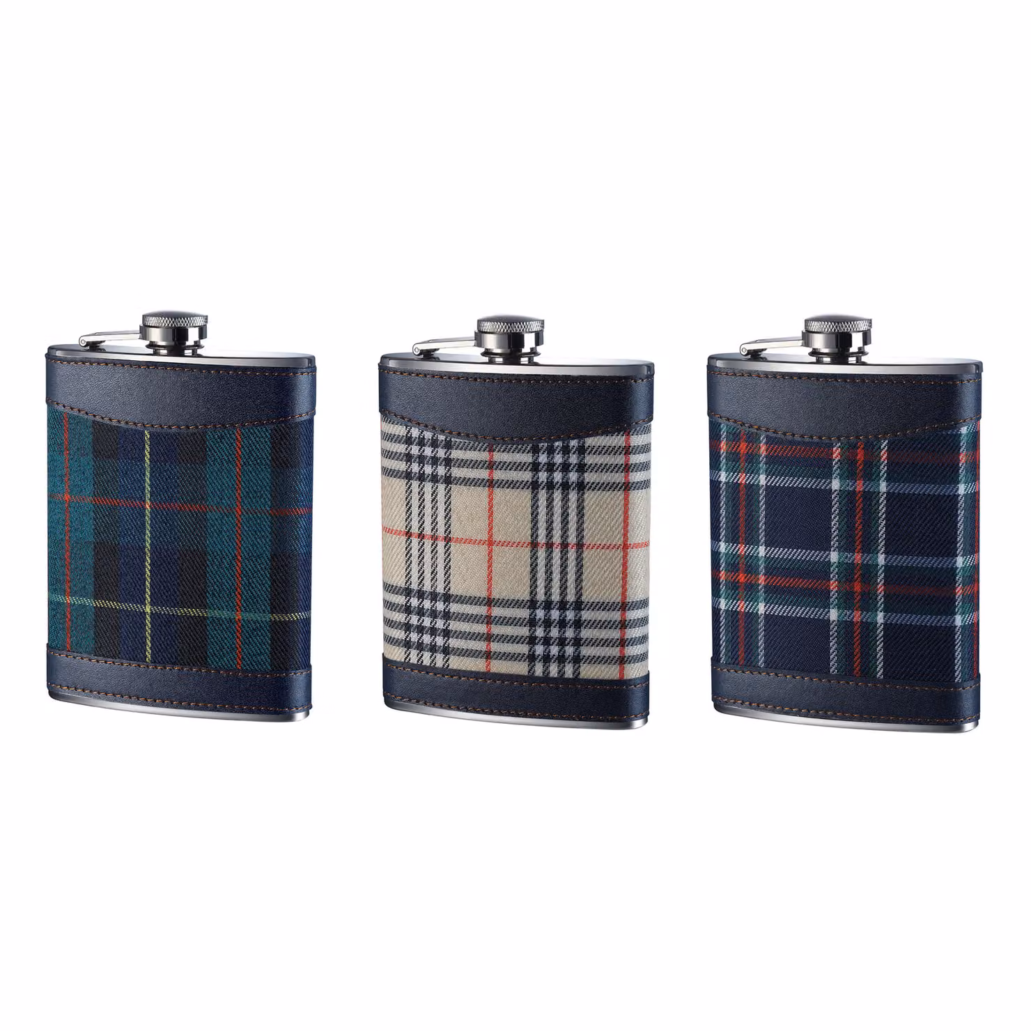 Orsina Green and Blue Tartan Stainless Steel Hip Flask, 6oz – 3
