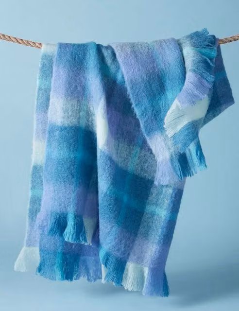 Bluebellgrey Fluffy Wool Blend Highland Check Throw in Blue Mix