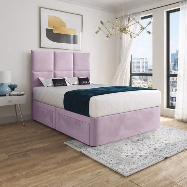 Casani Goostrey Pink Velvet Upholstered Divan Bed Frame with Floorstanding Geometric Headboard and Drawers, W/D/H: 140 x 200 cm