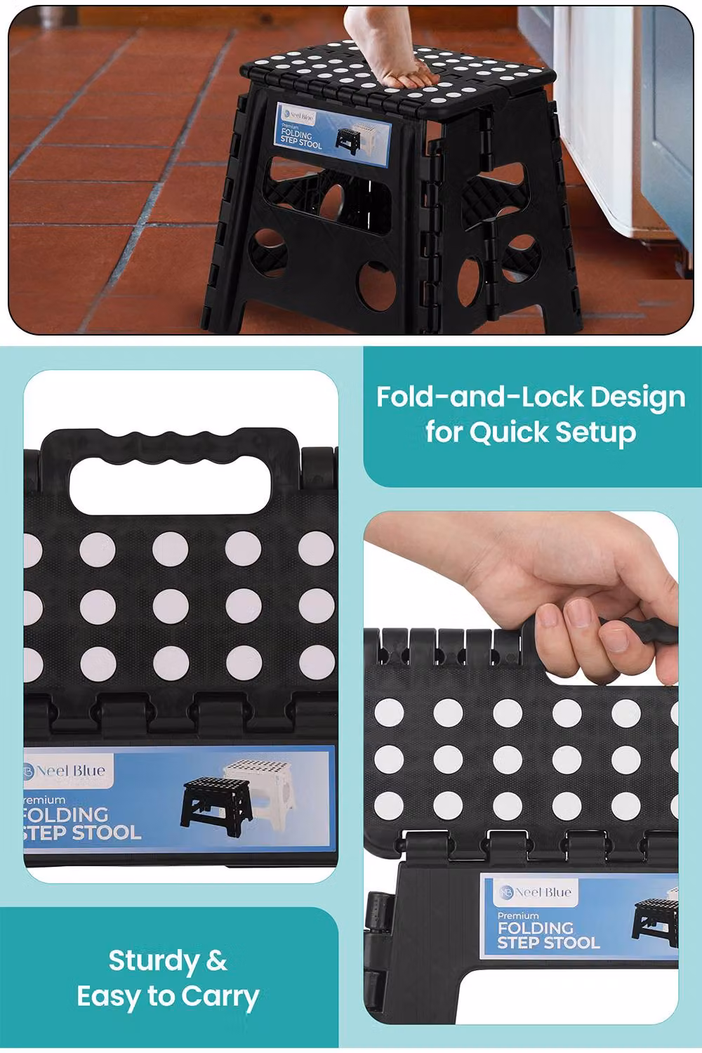 Neel Blue Heavy-Duty Folding Plastic Step Stool with Carry Handle, Black – 3