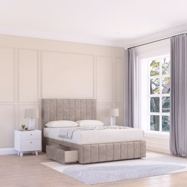 Sloomy Manhattan Super King Divan Bed Base with Floor Standing Headboard in Cream Fabric, W/D/H: 200 x 200 cm