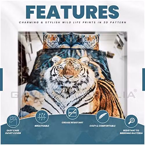 Gaveno Cavailia 3D Wildlife Brown Tiger Bed Set with Duvet Cover and Pillowcase, Multicolour, W: 180 cm, H: 200 cm – 3
