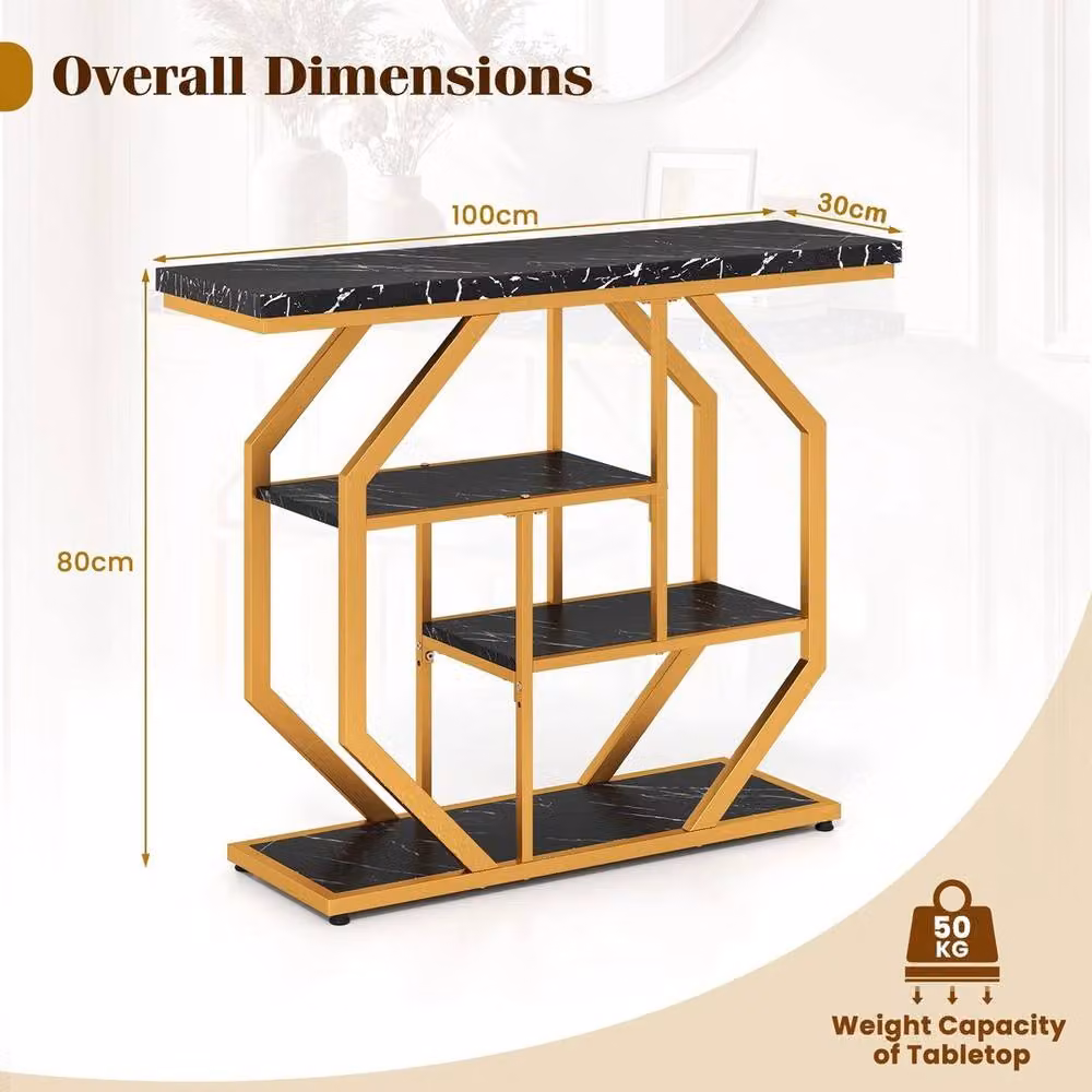 KORVIXA Modern 4-Tier Geometric Console Table in Black with Marble Top, W: 100 cm, H: 80 cm, D: 100 cm – 2