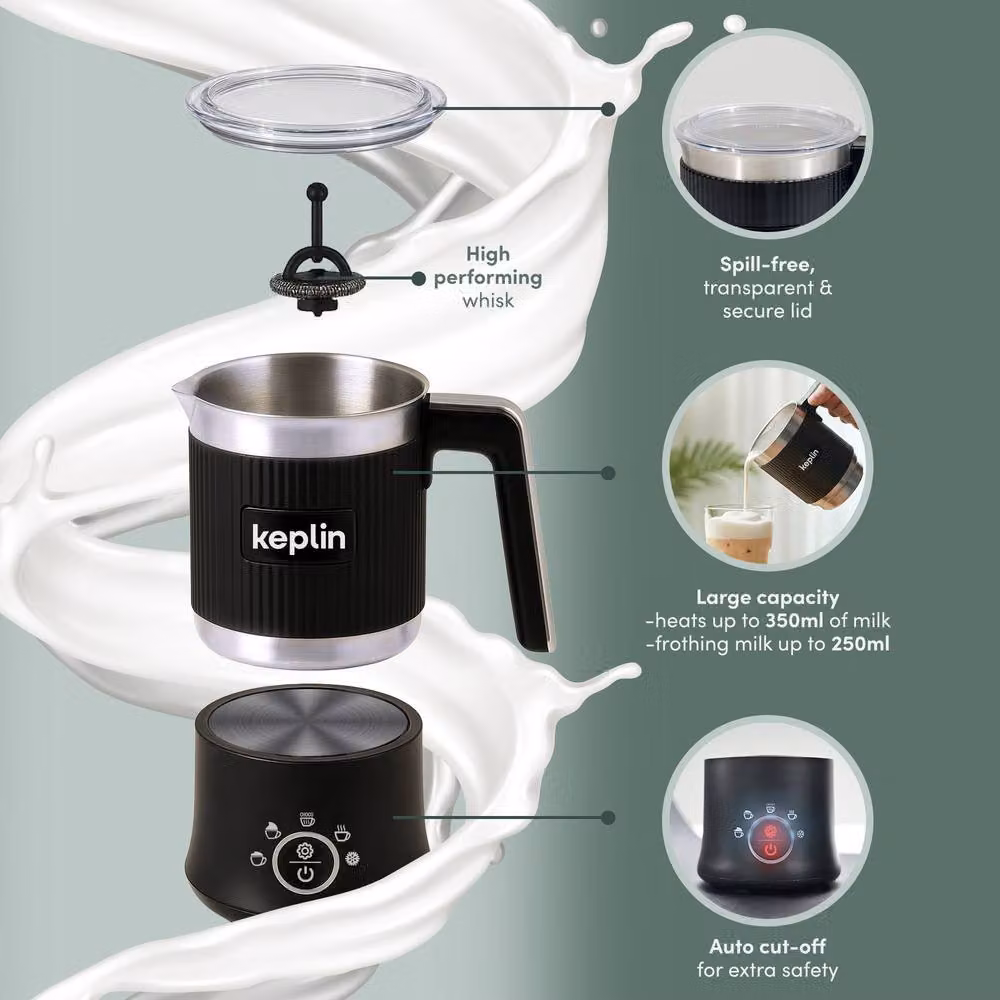 Keplin 5-in-1 Electric Automatic Milk Frother with Stainless Steel Jug, 350ml, Black – 3