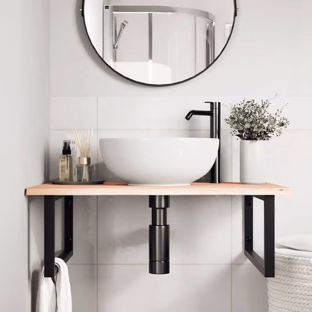 Berkfield Home Elegant Wall Mounted Basin Shelf in Light Tan Oak and Black Steel, W: 60 cm, D: 27 cm, H: 60 cm – 1