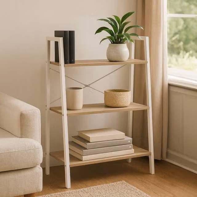 Orsina Three Tier Oak Veneer Ladder Shelf Unit, Industrial Style Freestanding Open Back Shelf, W/D/H: 64 x 34 x 97 cm