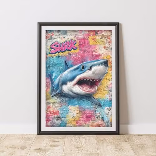 60 Second Makeover Shark Graffiti Urban Street Art Poster, Multicolour A4 Paper Wall Art
