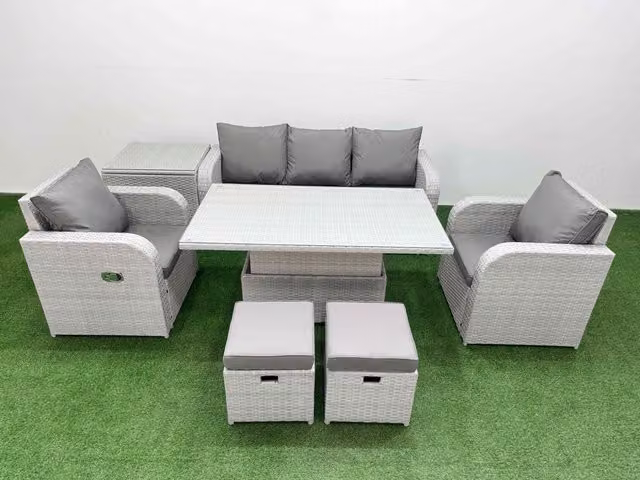 Fimous Grey PE Rattan Garden Furniture Set with 3-Seater Sofa, Reclining Armchair, Coffee Table and Matching Ottoman with Upholstered Cushions