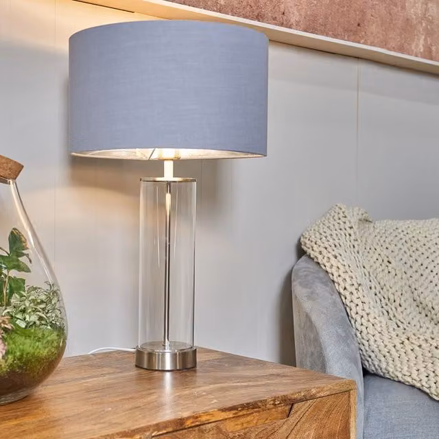 ValueLights Balan Glass and Brushed Chrome Table Lamp with Grey Cylinder Shade – 2