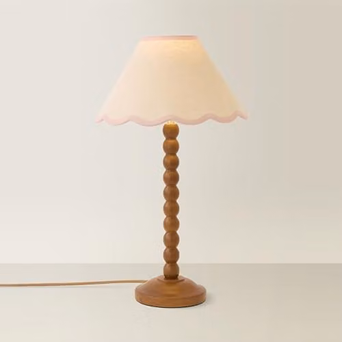 ValueLights Bobbin Walnut Table Lamp with Pink Fabric Linen Shade – 1