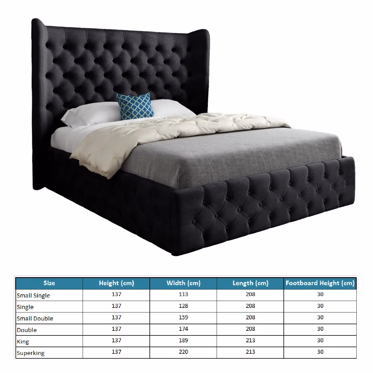 KDMD Florence Wide Winged Upholstered Soft Velvet Black Bed Frame, Size: Double (140 x 200 cm) – 4
