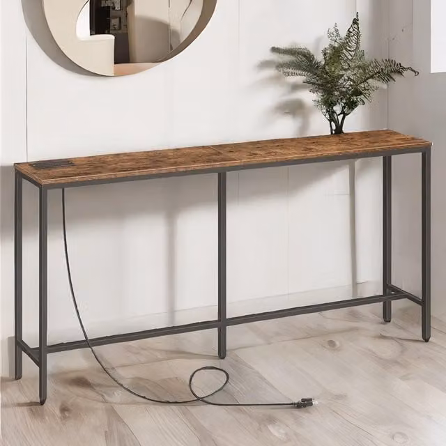 Pirlo Plush Industrial Console Table with Charging Station, Rustic Brown, W: 160 cm, H: 80.5 cm, D: 20 cm