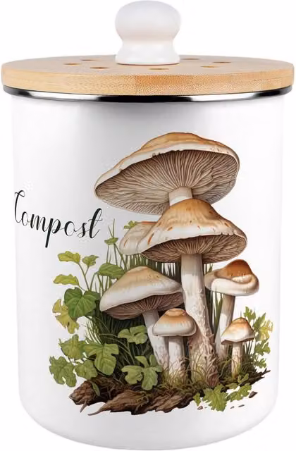 Purely Home Forest Mushrooms Metal Compost Caddy with Flip Lid, 2L, Brown