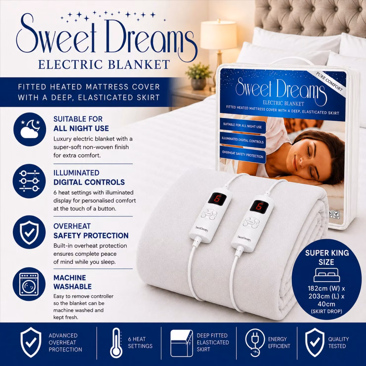 Sweet Dreams Super King Heated Fitted Mattress Cover in White, W/D/H: 180 x 200 cm – 5