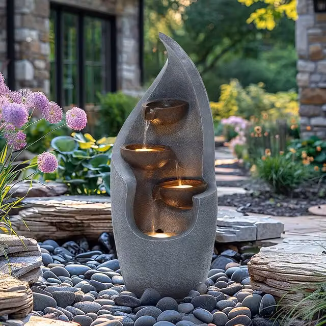 Charles Bentley Cascading Polyresin Water Feature with Warm White LED in Grey and Bronze, W/D/H: 27.5 x 27 x 67 cm – 1
