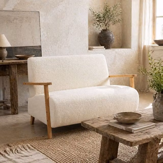 Wyld Haus Hadimi 2 Seater Compact Sofa in Cream White Boucle Fabric with Solid Wood Frame W/D/H: 118 x 76 x 78 cm – 1