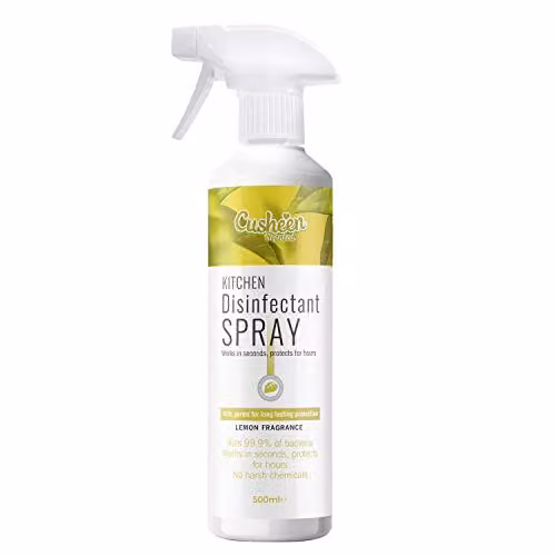 Cusheen Anti-Bacterial Kitchen Disinfectant Spray, 500ml, Zesty Lemon Scented Multi-Surface Cleaner and Degreaser, White