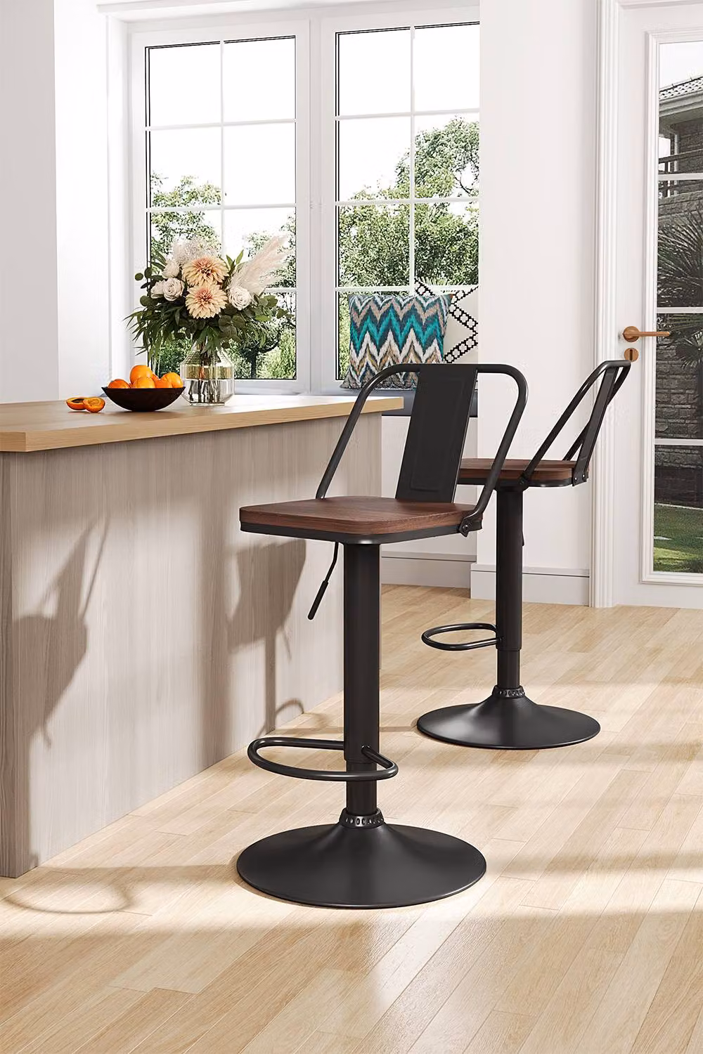 Living and Home Set of 2 Black Adjustable Swivel Bar Stools with Footrests – 2