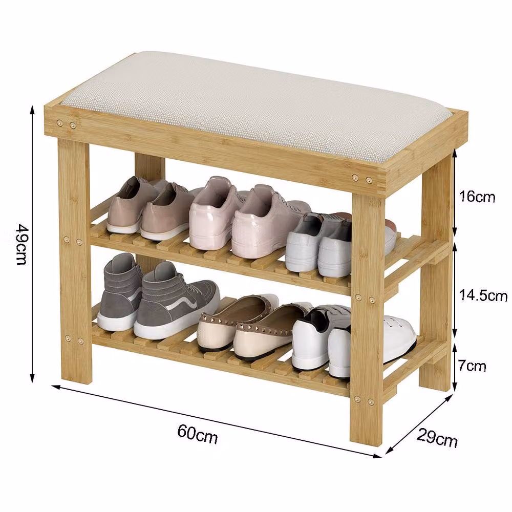 ERGOVEXA Bamboo 3-Tier Shoe Bench with Fabric Cushion Seat in White – 2
