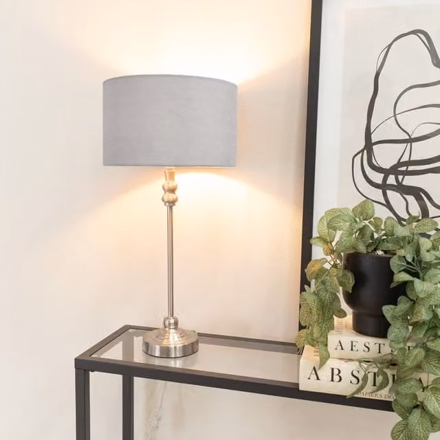ValueLights Maggie Brushed Chrome Candlestick Table Lamp with Grey Velvet Drum Shade and LED Bulb