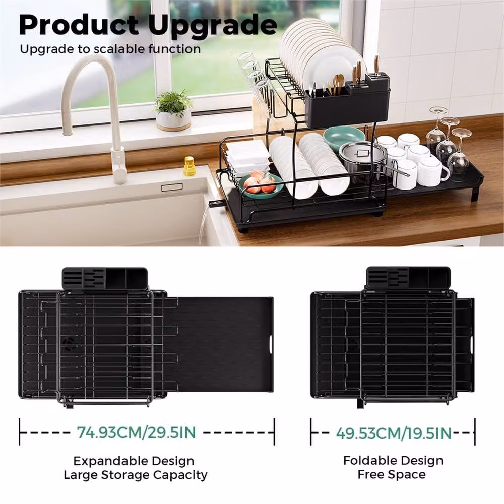 EONLION 2 Tier Expandable Dish Drainer Drying Rack with Drip Tray, Black, Width: 100 cm – 4