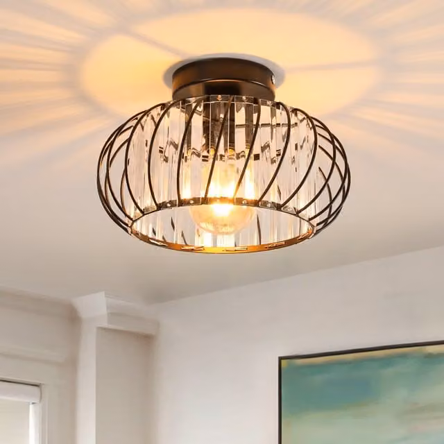 GOECO Black and Gold/Brass Metal Crystal Ceiling Mounted Lantern Light with E27 Bulb Holder
