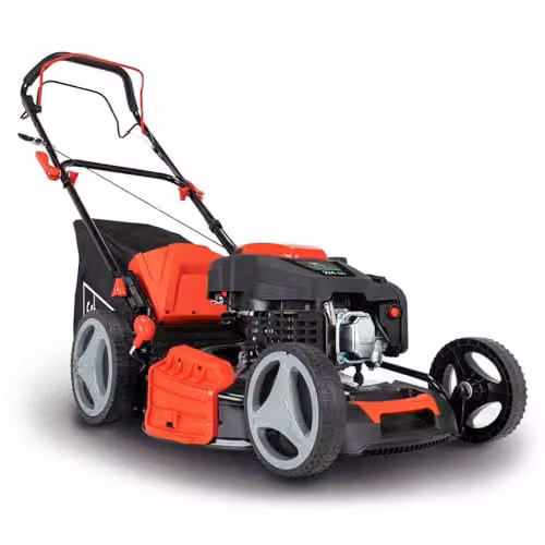 Scheppach MS225-53 Self-Propelled Petrol Lawn Mower with 224cc 6HP Engine, 53cm Cutting Width, 25–75mm Cutting Height and 65L Collection Bag in Black and Red – 1