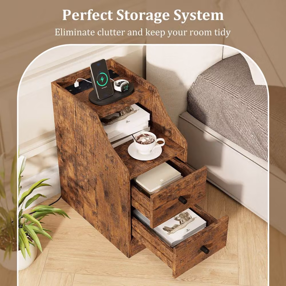 Gymax Brown Side Table with Charging Station and Storage Drawers – 6