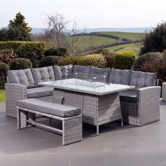 Artemis Home Piana 9 Seat Rattan Corner Sofa Set with Firepit Table and Bench in Grey – 1