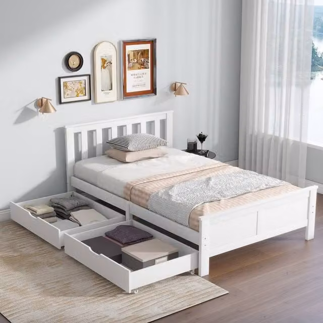 BTM Solid Pine Wood Bed Frame with Storage Drawers in White, W/D/H: 90 x 200 cm
