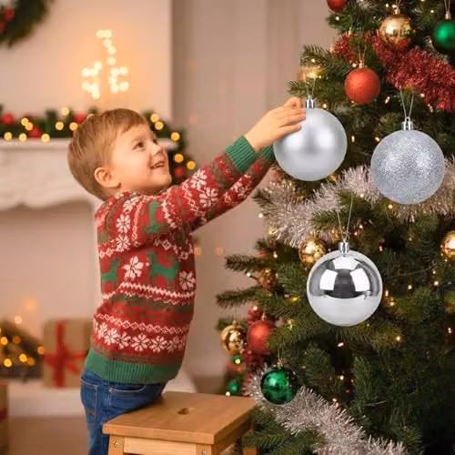 SHATCHI Set of 3 Silver Shatterproof PVC Christmas Baubles with Glossy, Matt and Glitter Finishes, Diameter: 20 cm – 6