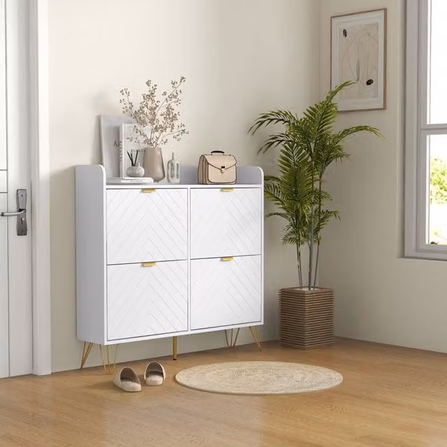 HOMCOM Narrow White Shoe Storage Cabinet with 4 Tilting Compartments for 16 Pairs of Shoes