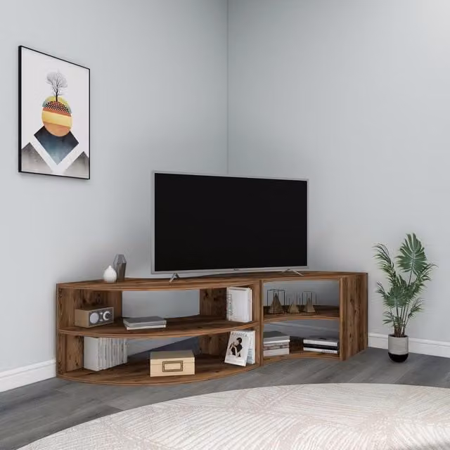 Destina Home Melitta Corner TV Stand with Shelving Unit in Light Brown