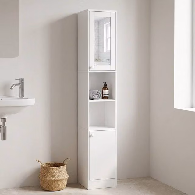 STILVORA Modern Freestanding White Bathroom Storage Cabinet with Glass Doors, Mirror, LED Lighting and Internal Shelves – 1