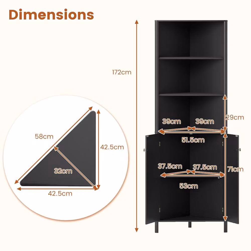 Costway Modern Black Corner Storage Cabinet with 5 Shelves and Hinged Doors – 2