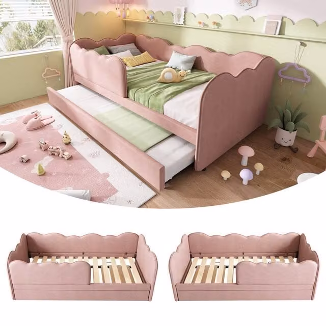 ModernLuxe Upholstered Pink Fabric Daybed with Pull-out Guest Bed, W/D/H: 190 x 90 x 70 cm – 1